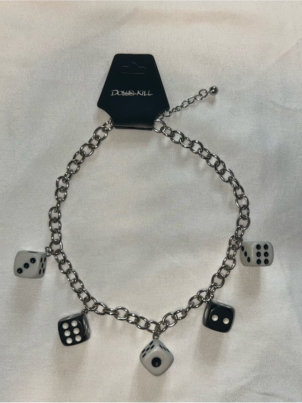 DollsKill Silver Chain Necklace with Black & White Dice Charms NWT